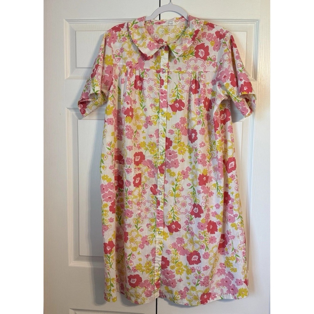 Vintage Sears Koffee Kasual Perma Prest PINK Floral Housecoat Dress Gown